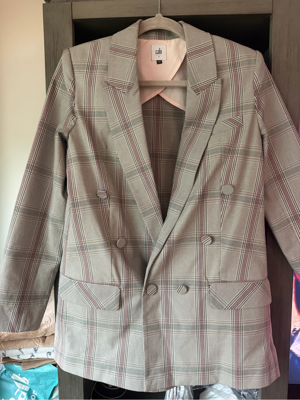 CAbi Plaid Double-Breasted Blazer in Gray with Red Windowpane